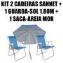Imagem de Kit 2 Cadeiras Alumínio Sannet Azul + 1 Guarda-Sol 1,80m Azul + 1 Saca-Areia Mor