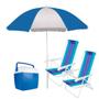 Imagem de Kit 2 Cadeiras de Praia + Guarda-sol Branco e Azul + Caixa Termica 26 L  Mor 