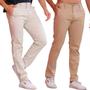 Imagem de Kit 2 Calça de Sarja Bege e Caqui Corte Alfaiataria Masculina Slim Fit com Lycra Bolso Embutido Social Casual