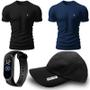 Imagem de Kit 2 Camiseta Masculina Camisas 100% Algodão Premium Slim Basicas + Boné + Relógio