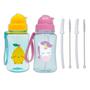 Imagem de Kit 2 garrafinhas infantil 400 ml buba com 2 canudos extra reposição retrátil silicone