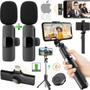 Imagem de Kit 2 Microfone Sem Fio iPhone Duplo + Bastão Suporte Estabilizador Controle Filmagem Vídeo