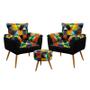 Imagem de Kit 2 Poltronas Almofadadas Opala com Puff Solar Sued Estampado Colorido com Preto Aradecor