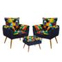 Imagem de Kit 2 Poltronas Beta com Puff Lunar Suede Estampado Colorido com Azul Marinho Aradecor