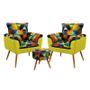 Imagem de Kit 2 Poltronas Decorativas Beta com Puff Solar Sued Estampado Colorido com Amarelo Aradecor