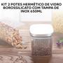 Imagem de Kit 2 potes porta alimentos quadros hermético de vidro borossilicato c/tampa inox 650ml mimo style