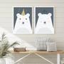 Imagem de Kit 2 Quadros Infantil Menino Urso Polar ul/Branco 33x24cm - Vidro e Moldura Preta