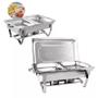 Imagem de Kit 2 Rechaud Aço Inox 201 Retangular 9 Litros Com 2 Cubas ½ Panelas Banho Maria Buffet Brinovar