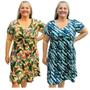 Imagem de Kit 2 Vestidos Estampados Moda Plus Size Manga Curta Midi Gola V Frente Dupla