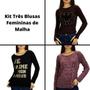 Imagem de Kit 3 Blusas Femininas Decote Redondo Meia Malha Manga Longa