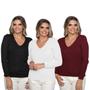 Imagem de Kit 3 Blusas Suéter Feminino Tricot Trançado Gola V Inverno