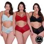 Imagem de Kit 3 Conjunto de Lingerie Plus Size Sutiã Reforçado com renda-c15 KIT 3 PAULA PRETO VERM. VERDE