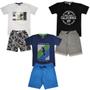 Imagem de Kit 3 Conjuntos Verão Infantil Juvenil Masculino Camiseta reforço na gola e Bermuda Moletinho cadarço Roupa Menino Tamanhos 10 12 14 16