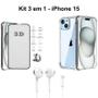 Imagem de Kit 3 em 1 para Iphone 15  Capa Transparente + Película 3D de Vidro + Fone de Ouvido Com Fio