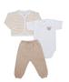 Imagem de Kit 3 peças body manga curta, calça e casaco plush Best Club Baby listrado creme e areia com bordado urso
