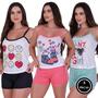 Imagem de Kit 3 Pijamas de Verão Short Curto Blusa de Alça de Calor Estampado -KIT 3 SUZI PRETO,CORAL,VERDE