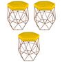 Imagem de Kit 3 puff decorativos para sala hexagonal aramado base bronze suede amarelo - clique e decore