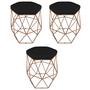 Imagem de Kit 3 puff decorativos para sala hexagonal aramado base bronze suede preto - clique e decore