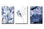 Imagem de Kit 3 Quadros De Decoração Clássicos Modernos Ricos em Flores Cor Minimalista Azul