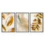 Imagem de Kit 3 quadros decorativos 40x60cm canvas natureza dourada folhas ouro flnt051