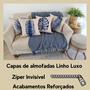Imagem de Kit 4 Capa de Almofada Decorativa Linho Luxo Folhagem Azul 43x43cm