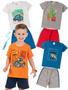 Imagem de Kit 4 Conjuntos Infantil Menino Verão Camiseta em Meia Malha com Manga e Bermuda de Moletinho com Elástico