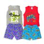 Imagem de Kit 4 Peças Conjunto Regata Infantil Menino Verão Estampada Kit 2 Conjuntos Regata + Shorts/Bermuda