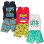 Imagem de Kit 4 Peças Conjunto Regata Infantil Menino Verão Estampada Kit 2 Conjuntos Regata + Shorts/Bermuda