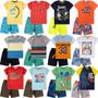 Imagem de Kit 4 Peças Sortidas de Roupas Infantil Masculina - 2 Camisetas + 2 Bermudas - Kit com 2 Conjuntos