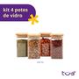 Imagem de Kit 4 potes de vidro 250ml tampa de bambu herméticos quadrados - Tüd