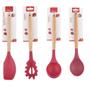 Imagem de Kit 4 Utensílios De Silicone Cabo Madeira Colher Concha Espátula Massas Vermelho