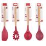 Imagem de Kit 4 Utensílios De Silicone Cabo Madeira Vermelho e Suporte Rose MIX