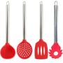 Imagem de Kit 4 Utensílios de Silicone Vermelho Cabo Inox Para Cozinha