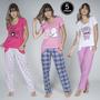 Imagem de Kit 5 Pijamas Feminino Calça Longa Estampada Blusa Manga Curta