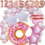 Imagem de Kit 56pçs, Balão Metalizado Donuts 75cm + 4 Estrelas Metalizadas 45cm + 50 Balões de Látex + Balão Metalizado Numero