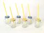 Imagem de Kit 6 Mini Canecas Vidro Alça Tampa Collor AzulAmarelo e Canudos 8x5cm 110ml