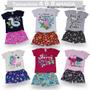 Imagem de KIT 6 PEÇAS DE ROUPAS - Conjuntos Femininos Infantil 3 Shorts Estampado + 3 Blusinhas em Meia Malha