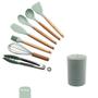 Imagem de Kit 7 Utensilios Silicone + suporte organizador Copo Conjunto completo cozinha Concha Colher Espátula Pegador fue Pincel Silicone - Verde Claro