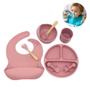 Imagem de Kit 8 Alimentação Bebê Silicone Prato Babador Copo Tigela Cor Rosa Introdução Alimentar infantil