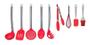 Imagem de Kit 9 Colheres Utensílios Silicone Vermelho Cabo Inox Top