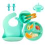 Imagem de Kit Alimentação Bebê 8 Peças De Silicone Introdução Alimentar Infantil Babador Copo Talheres Prato Com Ventosa