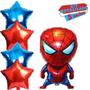 Imagem de Kit Balão Metalizado Homem Aranha de  80Cm + 4 Balões Metalizados Estrela de 45 Cm - Kit Festa Homem Aranha - Kit 5 pçs