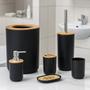 Imagem de Kit Banheiro Acessórios Lavabo Bambu 6 Peças Lixeira Escova Sanitária Porta Escovas Saboneteira Conjunto Design Moderno