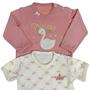 Imagem de Kit body longo bebê rosa bordado princesa e body curto cru estampado e bordado coroa - 2 peças