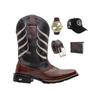 Imagem de Kit Bota Texana Masculina Bico Quadrado Couro Texas Gold Escama Café com 4 acessorios