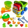 Imagem de Kit Brinquedos Praia Completo Caminhão Basculante + Baldinho Areia + Regador Infantil Água + Forminhas Coloridas Diversão Crianças Piscina Presente