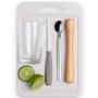 Imagem de Kit Caipirinha 5 peças Copo 350ml + Faca e Colher Bailarina inox + Socador de madeira + tábua antibac. Brinox - 2348/499