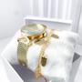 Imagem de Kit caixa relógio dourado fino redondo trançado strass e pulseira feminina elegante