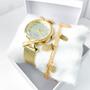 Imagem de Kit caixa relógio dourado fino redondo trançado strass e pulseira feminina