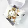 Imagem de Kit caixa relógio dourado fino redondo trançado strass e pulseira feminina